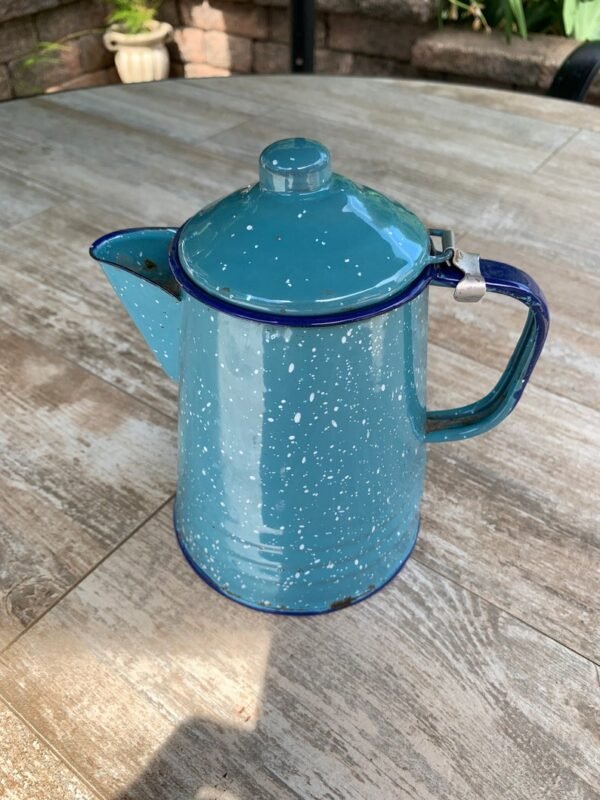 Vintage Tres Enamelware Coffee Pot Aqua with Royal Blue Accents - Image 5