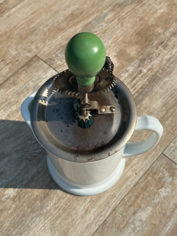 1923 Antique Milk Glass Egg Beater with Wooden Green Handle - Image 3