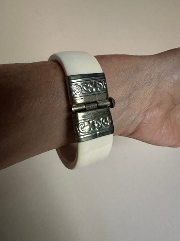 Antique Bone Bracelet set in Intricate Hand Tooled Sterling Silver - Image 3