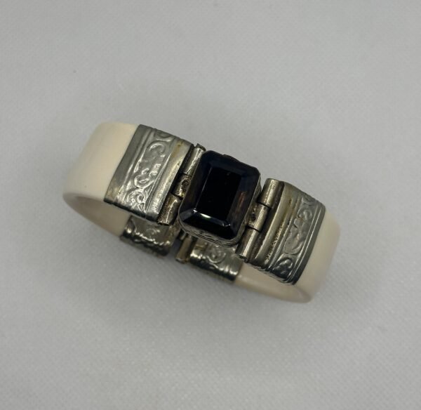 Antique Bone Bracelet set in Intricate Hand Tooled Sterling Silver