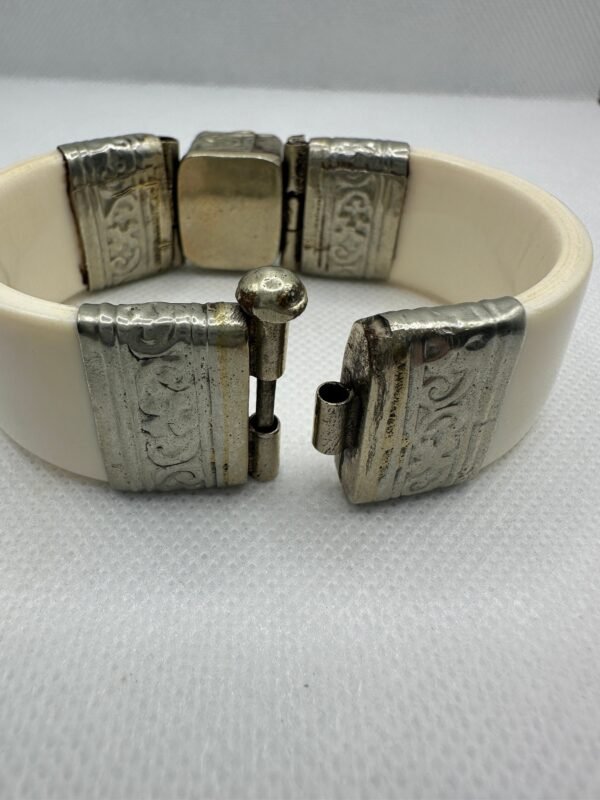 Antique Bone Bracelet set in Intricate Hand Tooled Sterling Silver - Image 8