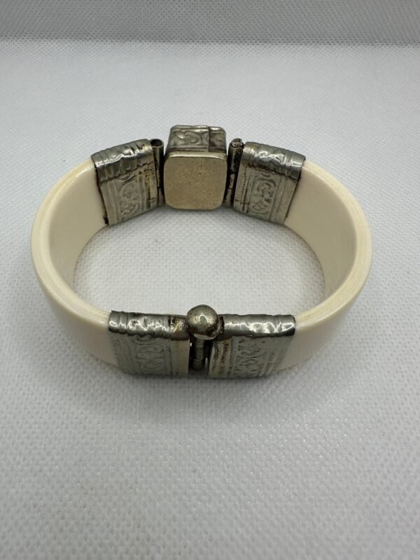 Antique Bone Bracelet set in Intricate Hand Tooled Sterling Silver - Image 9