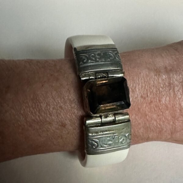 Antique Bone Bracelet set in Intricate Hand Tooled Sterling Silver - Image 2
