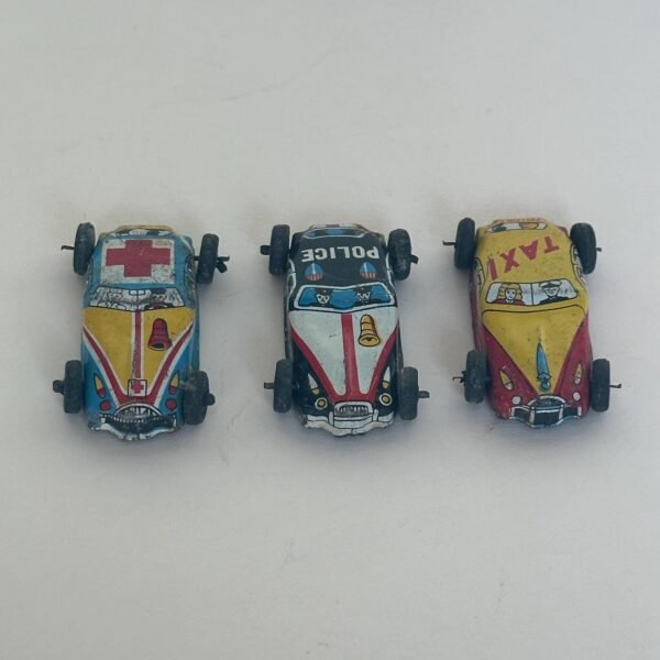Vintage Set of 3 Mini Tin Litho Cars Japan Police Taxi and Ambulance - Image 2