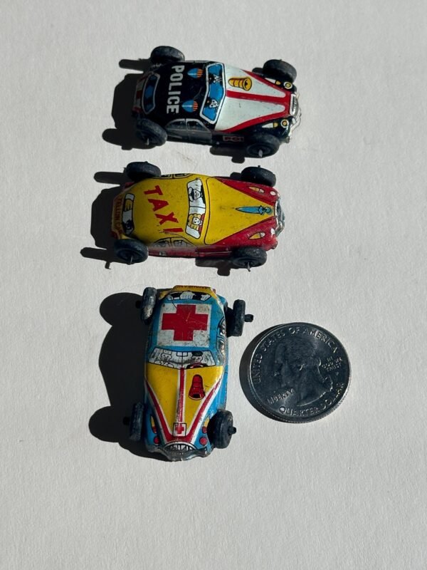 Vintage Set of 3 Mini Tin Litho Cars Japan Police Taxi and Ambulance - Image 3