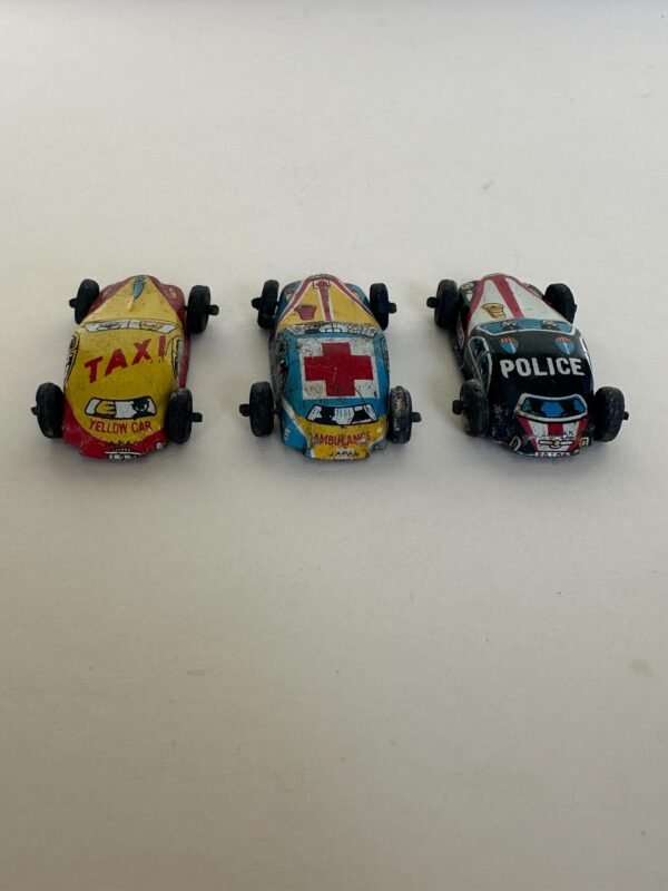 Vintage Set of 3 Mini Tin Litho Cars Japan Police Taxi and Ambulance - Image 10