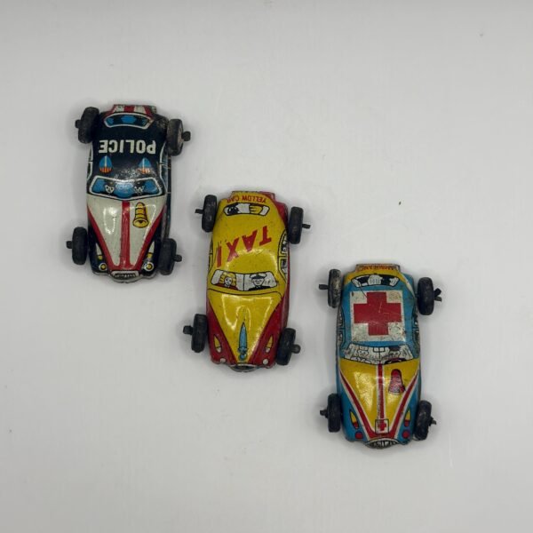 Vintage Set of 3 Mini Tin Litho Cars Japan Police Taxi and Ambulance