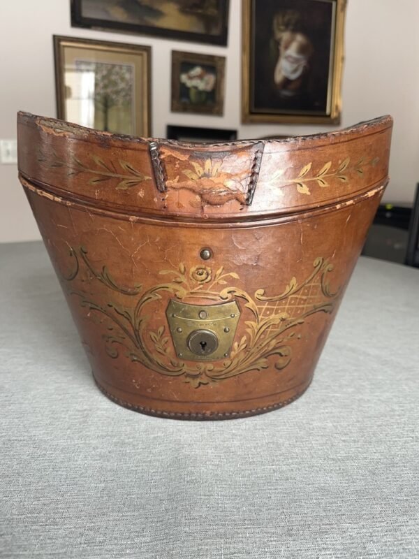Antique Leather Top Hat Box with Hand Painted Embellishments - Image 3