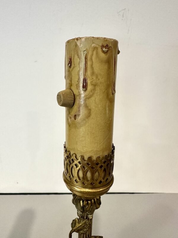 Antique Brass With Porcelain Flowers Boudoir Lamps circa 1930s - Image 4