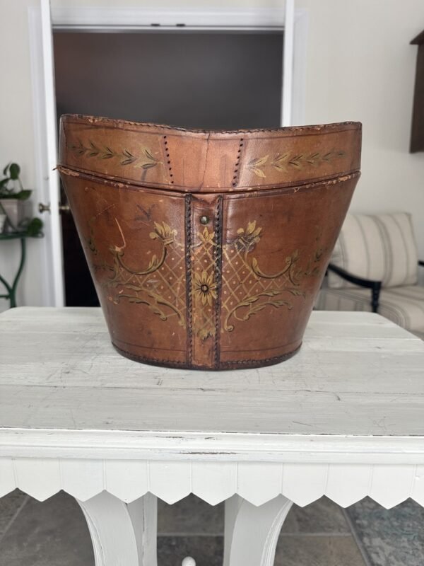 Antique Leather Top Hat Box with Hand Painted Embellishments - Image 6