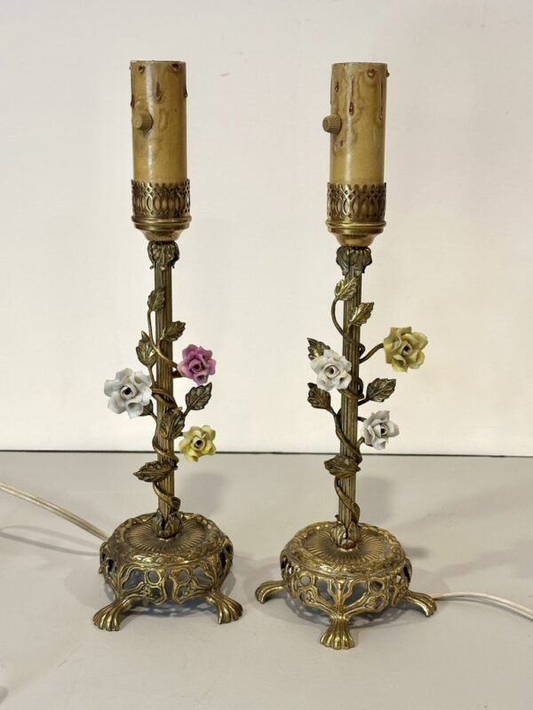 Antique Brass With Porcelain Flowers Boudoir Lamps circa 1930s - Image 2