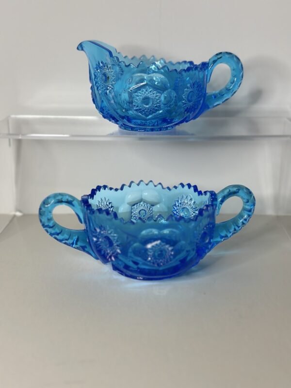 Pretty Cut Glass Sugar and Cream Bowl Stunning Electric Blue - Image 2