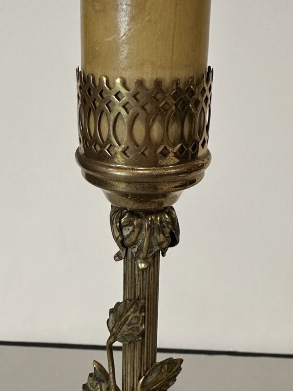 Antique Brass With Porcelain Flowers Boudoir Lamps circa 1930s - Image 5