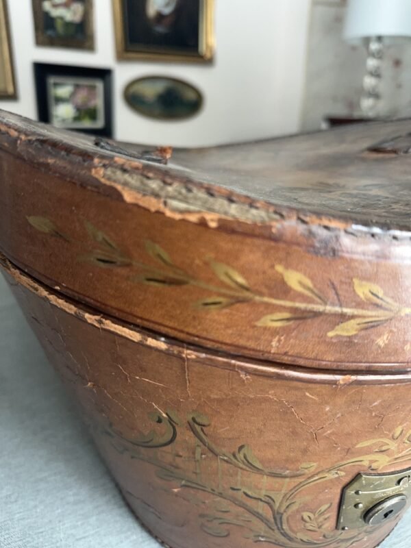Antique Leather Top Hat Box with Hand Painted Embellishments - Image 2