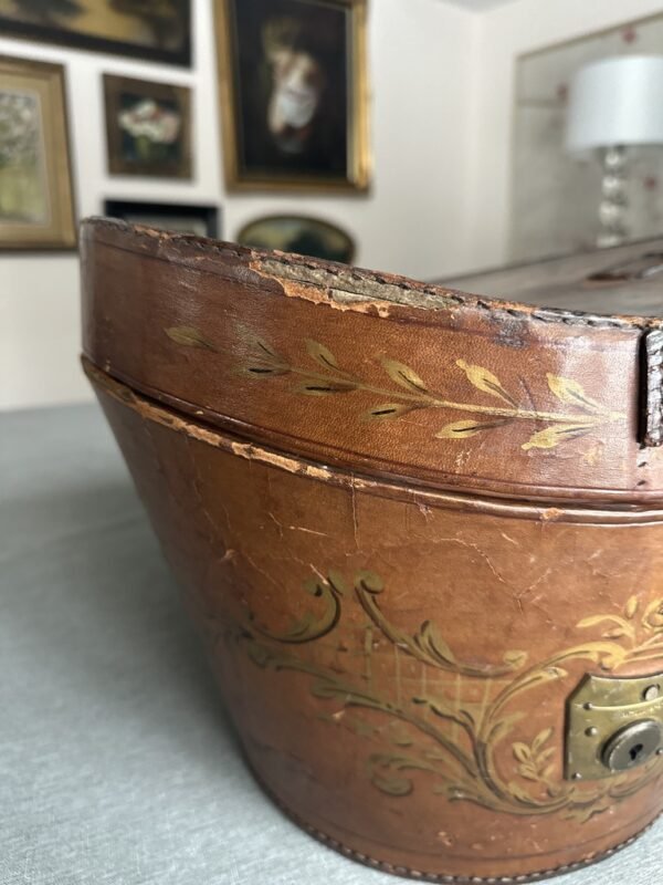 Antique Leather Top Hat Box with Hand Painted Embellishments - Image 4