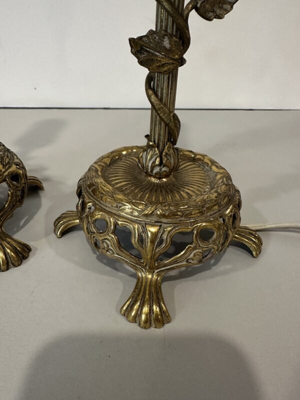 Antique Brass With Porcelain Flowers Boudoir Lamps circa 1930s - Image 7
