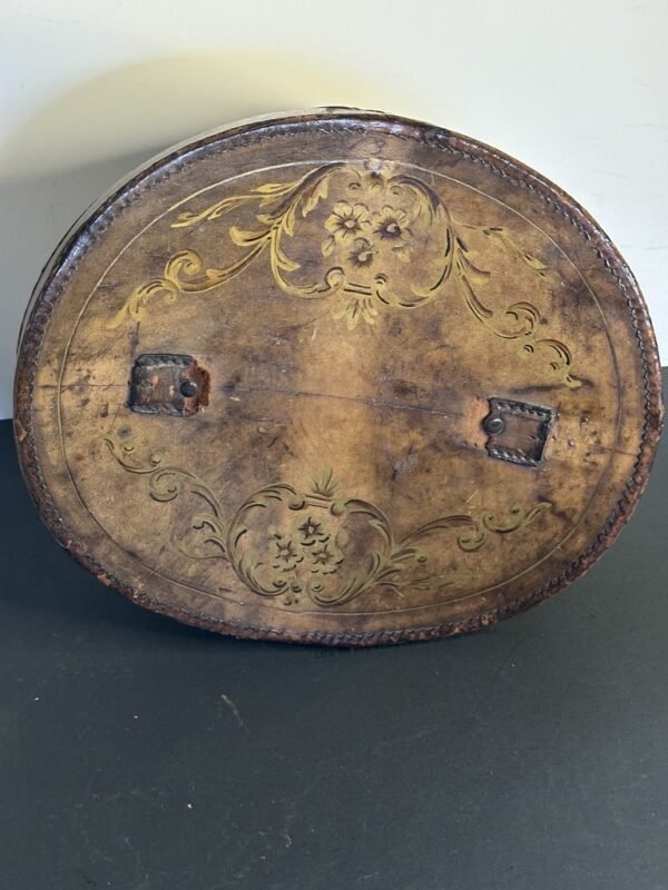 Antique Leather Top Hat Box with Hand Painted Embellishments - Image 9