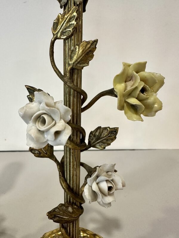 Antique Brass With Porcelain Flowers Boudoir Lamps circa 1930s - Image 3