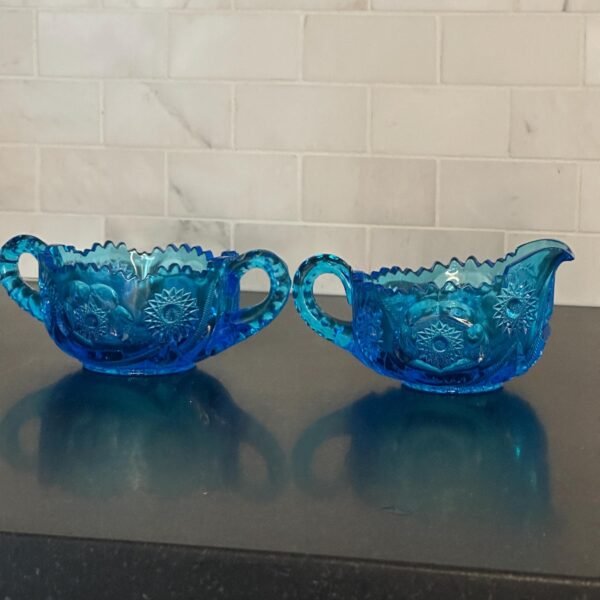 Pretty Cut Glass Sugar and Cream Bowl Stunning Electric Blue
