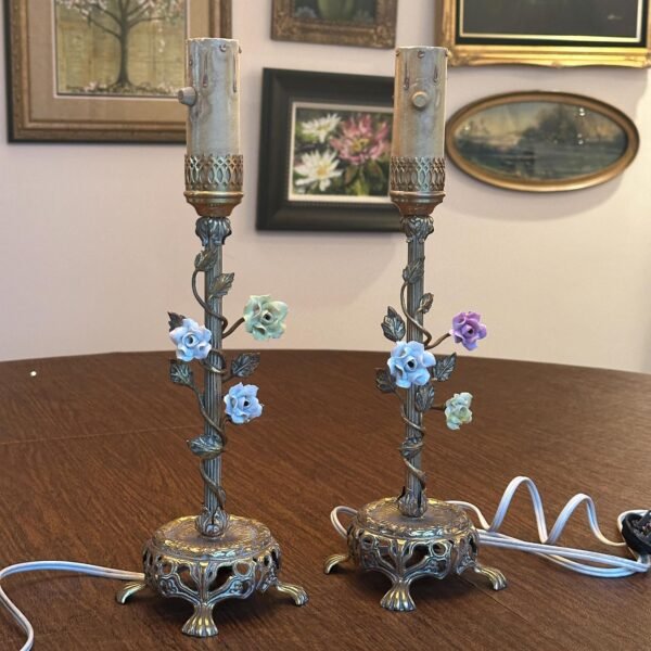 Antique Brass With Porcelain Flowers Boudoir Lamps circa 1930s