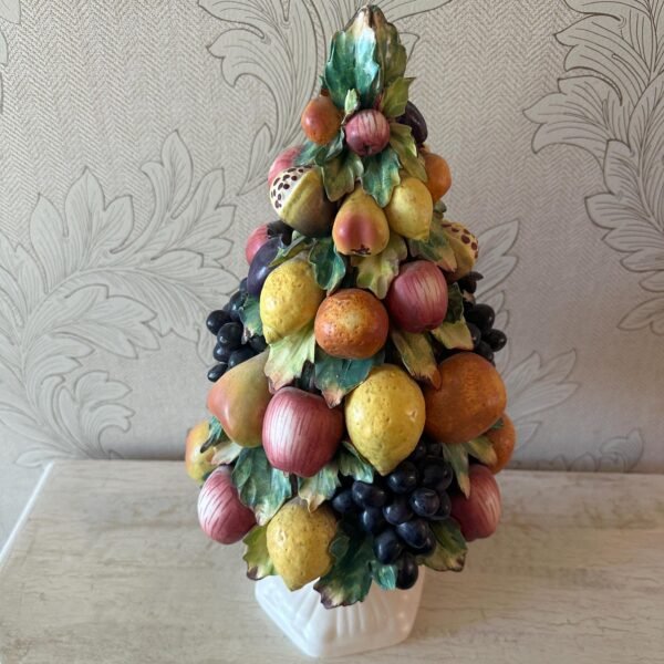 Vintage Majolica Fruit and Grape Leaves Topiary Capodimonte Ceramic Pottery Centerpiece