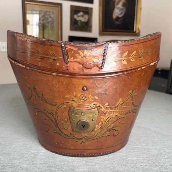 Antique Leather Top Hat Box with Hand Painted Embellishments
