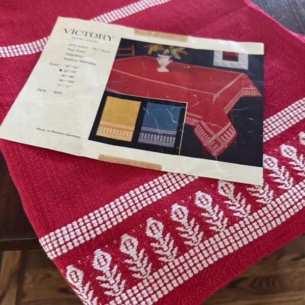 Vintage West German Woven Red Tablecloth with a Rustic Pattern on the Edge
