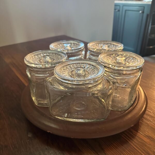 Set of 5 1940s Scurlock Wedge Shaped Pressed Glass Canisters with Lazy Susan