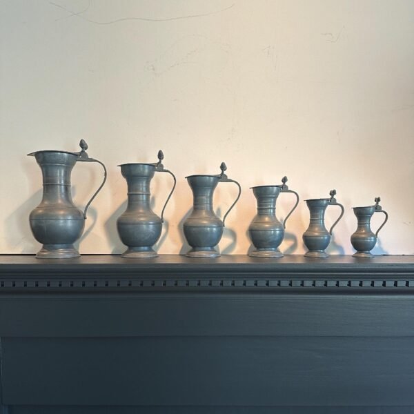 Vintage European Pewter Flagon Pitchers Set of 6,Unique Collection of Vintage Pewter