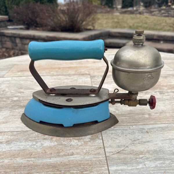 1930s-1940s Vintage Coleman Gas Iron with Blue Handle and Body