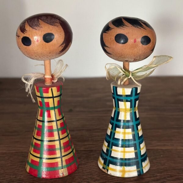 2 Vintage Asian Twin Bobble Head Kokeshi Dolls,Collectible Japanese Figurines