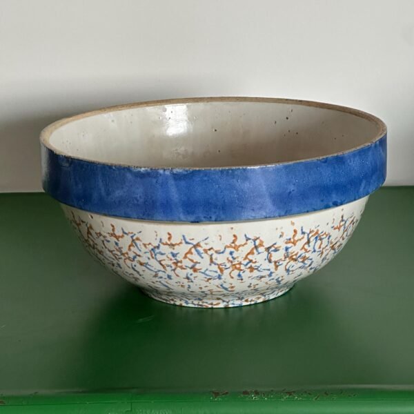 Large Antique Rust and Blue Splatterware Mixing Bowl,Hard to Find Vintage 11 Inch Stoneware Shoulder Bowl