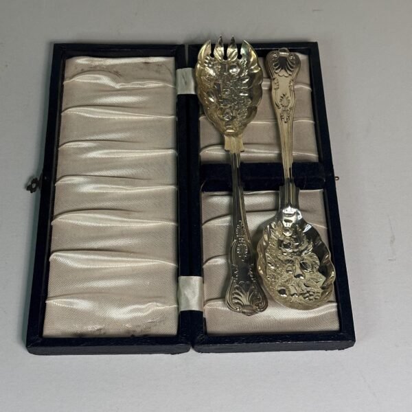 Vintage Sheffield England Embossed Silver Plate Salad Serving Fork and Spoon,Fruit Motif Serving Spoons