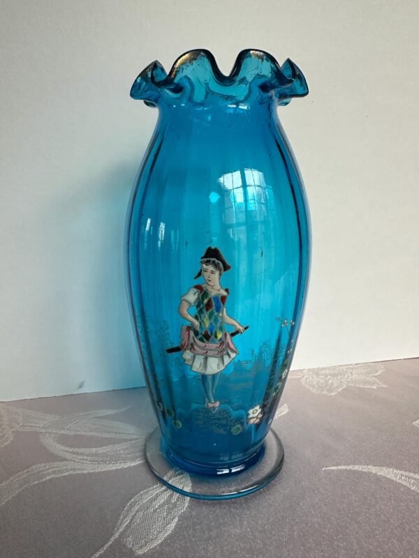 Antique Rossler Moser Bohemian Blue Enameled Art Glass Vase 8" Tall