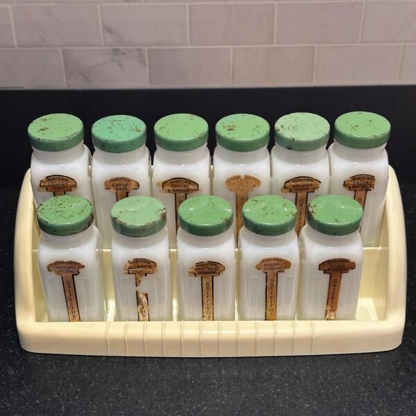 Iconic Retro Griffith Labs Spice Rack 11 Milk Glass Bottles with Green Caps