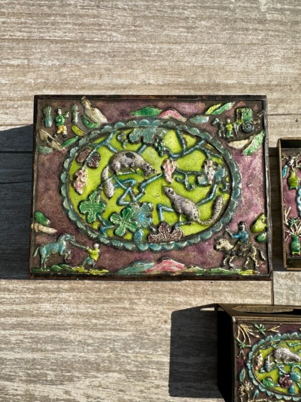 Antique Chinese Cloisonne Enamel on Brass 3 Piece Smoking Set Circa early 1900's