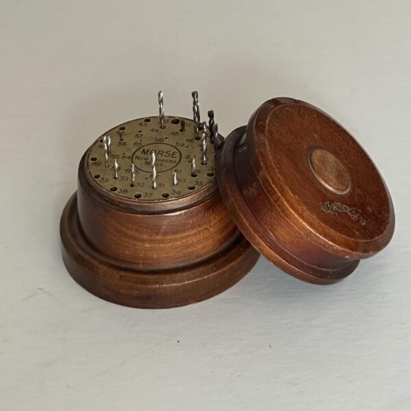 vintage Morse drill tool bit company index with 15 unique small drill bits in original wooden case